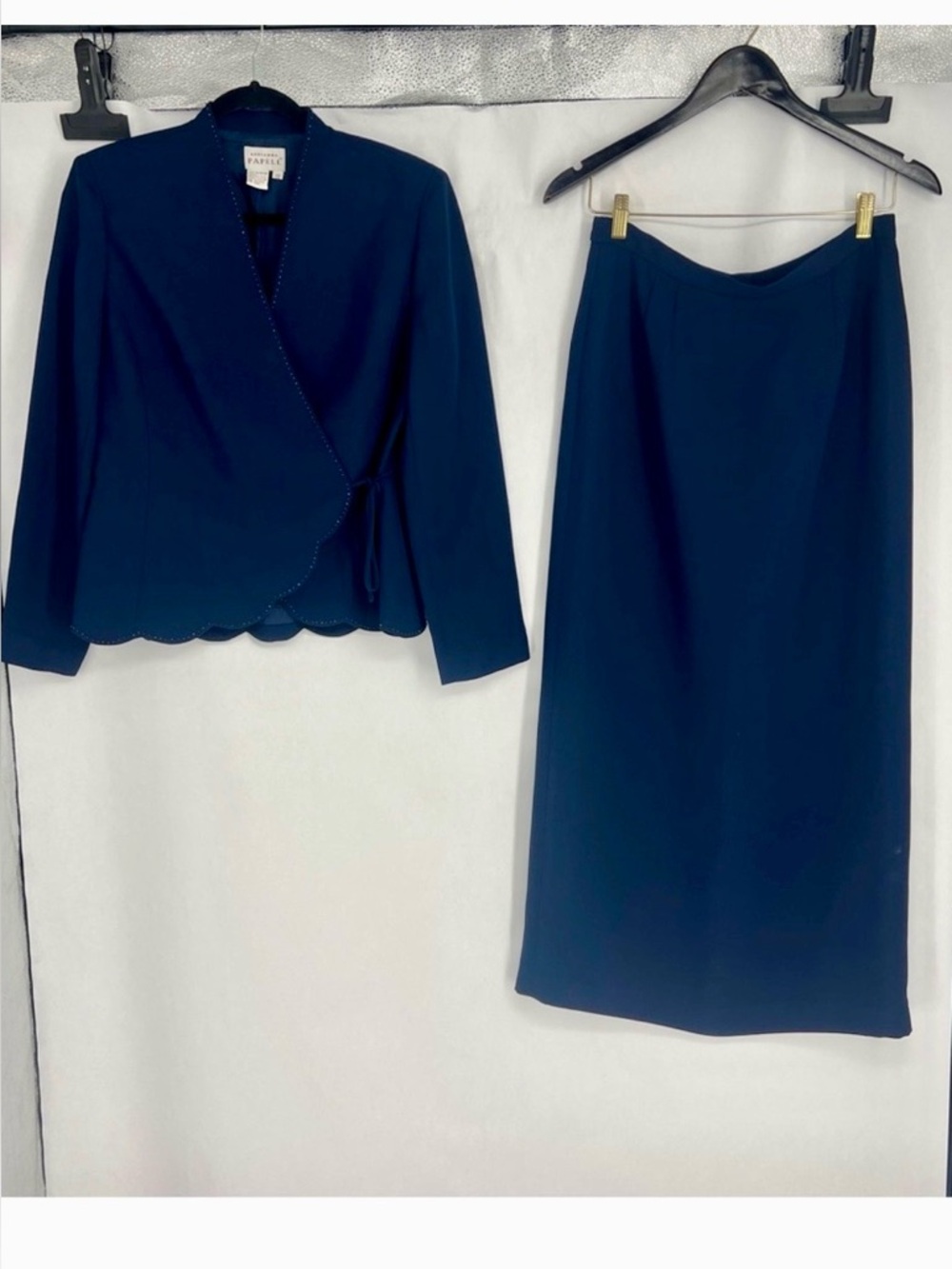 Adrianna Papell Navy Scalloped Wrap Jacket with Straight Skirt Set